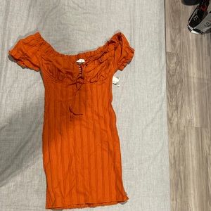 Rusty orange off the shoulder mini dress